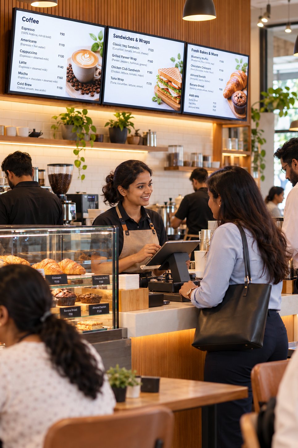 Café or QSR counter with a bright digital menu board