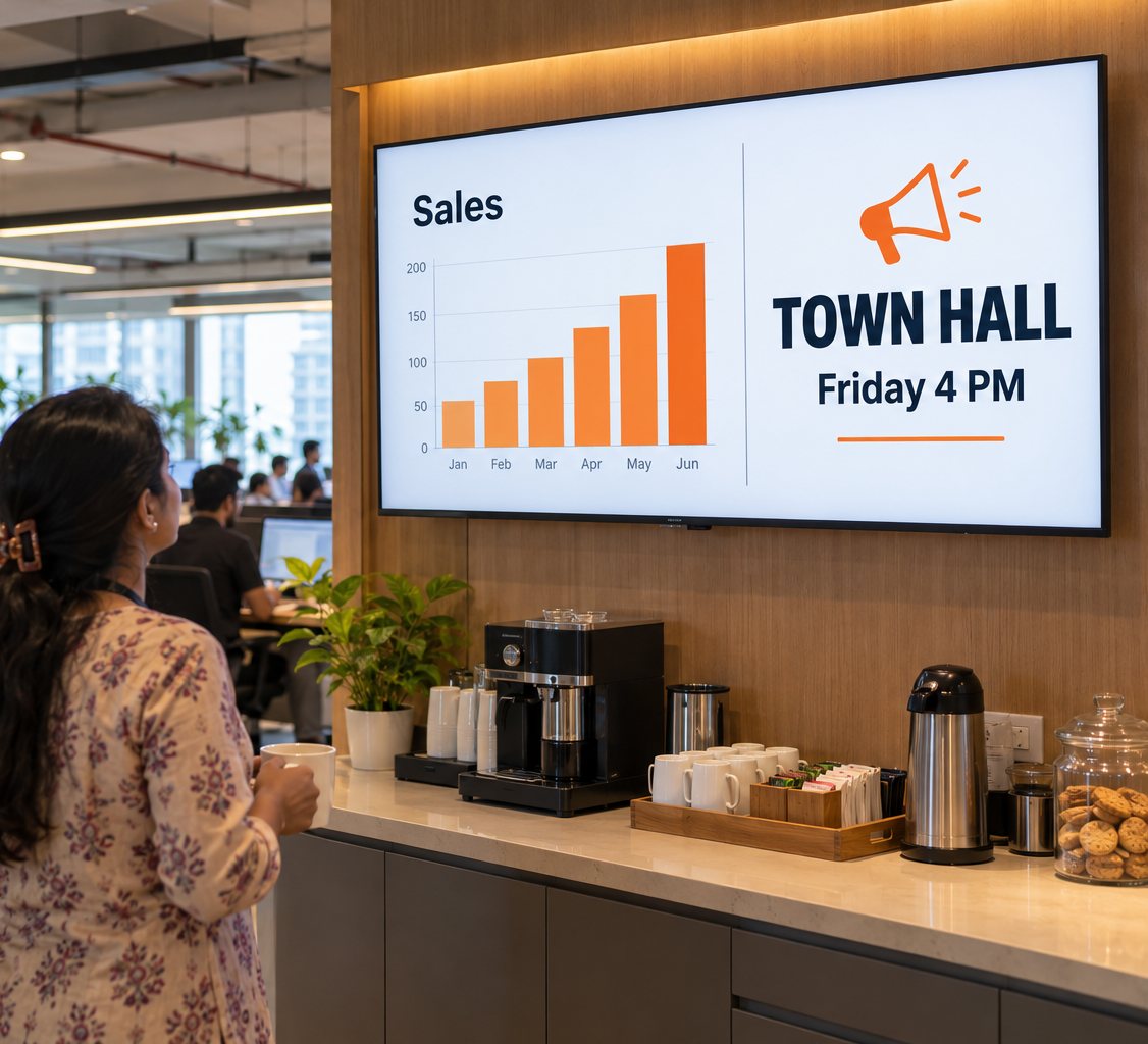 Office lobby with a wall screen