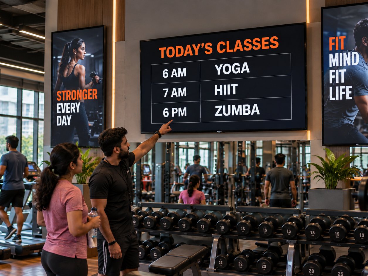 Gym wall screen with a class timetable