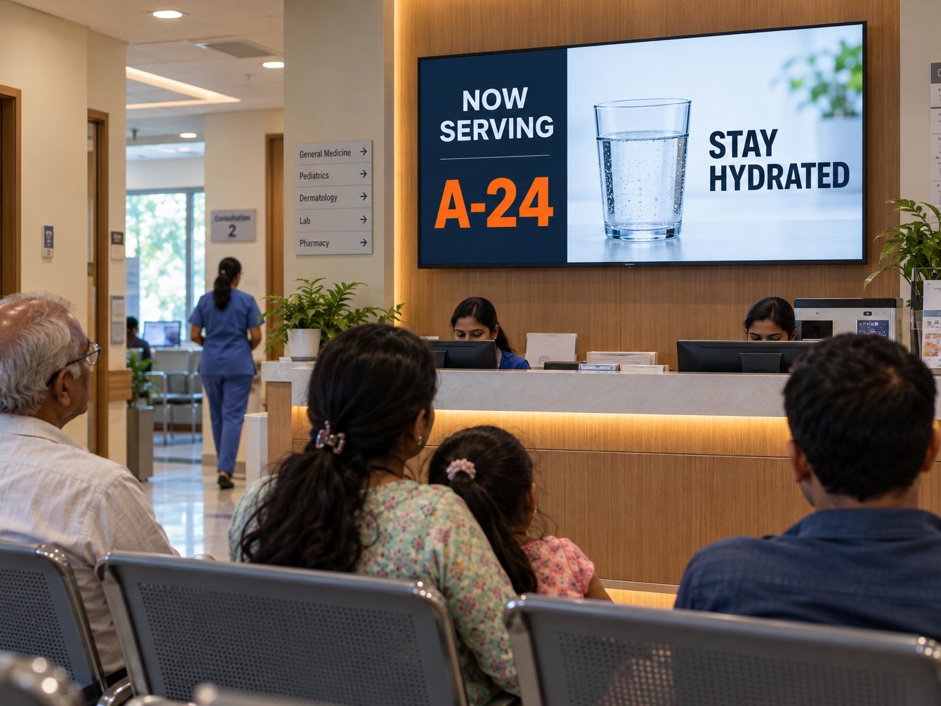 Clinic waiting area with an information screen