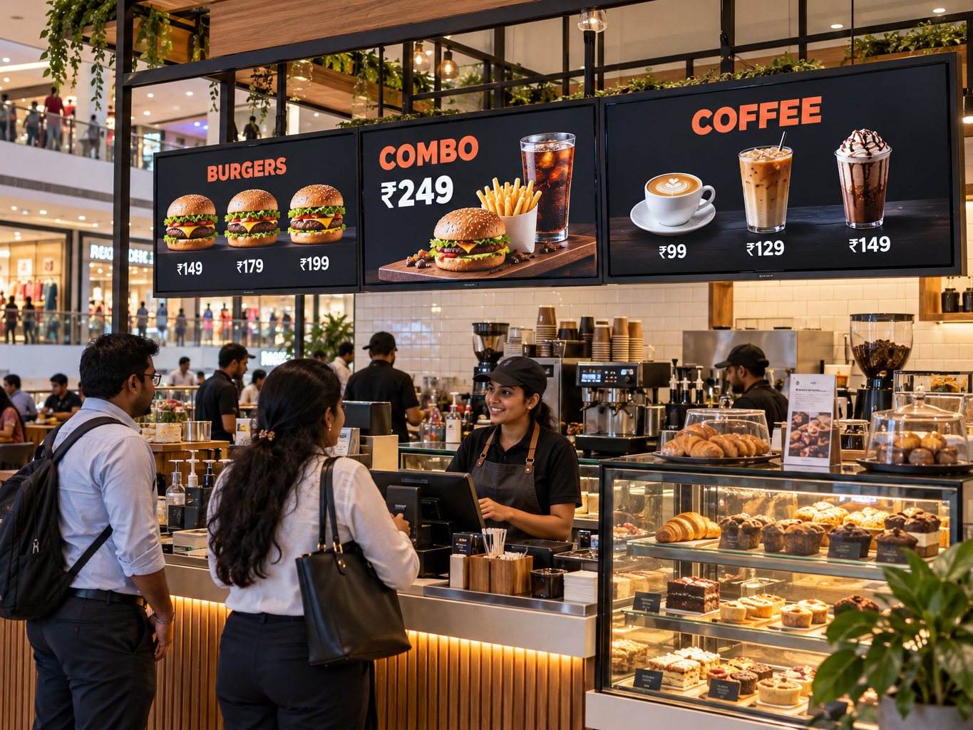 Digital menu board above a café or QSR counter