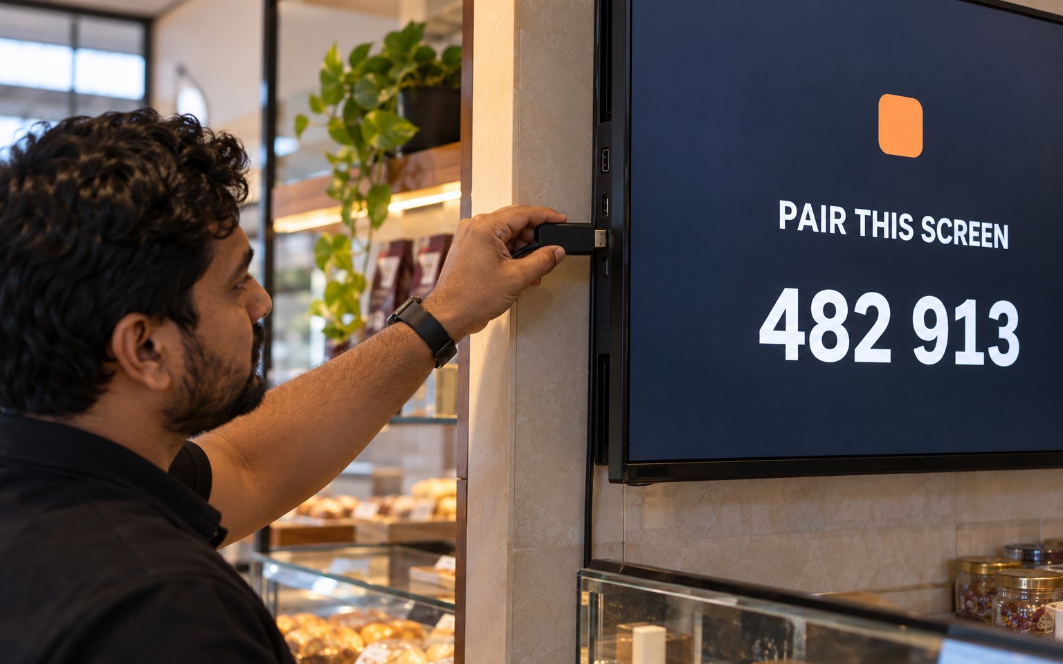 Player stick in an HDMI port, pairing code on the TV